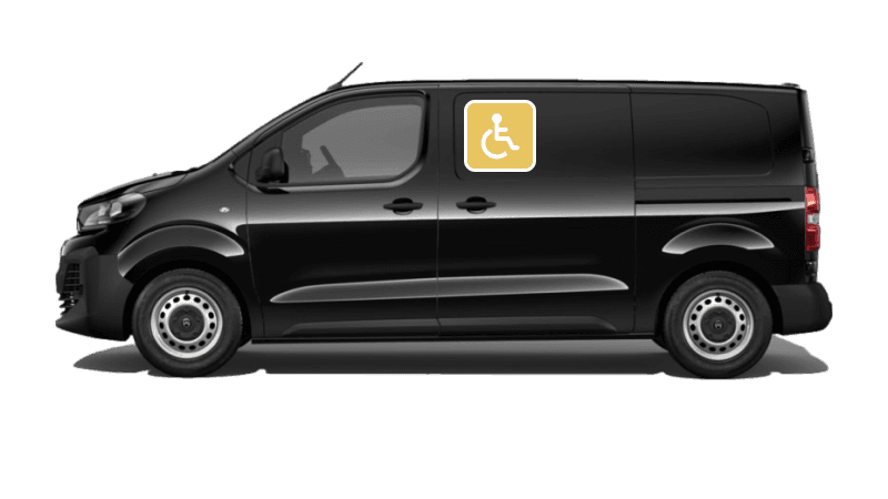 Van noir de profil sur fond blanc, pictogramme jaune de fauteuil roulant sur la portière