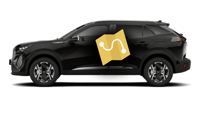 SUV noir de profil sur fond blanc, pictogramme jaune de plan avec un itinéraire sur la portière