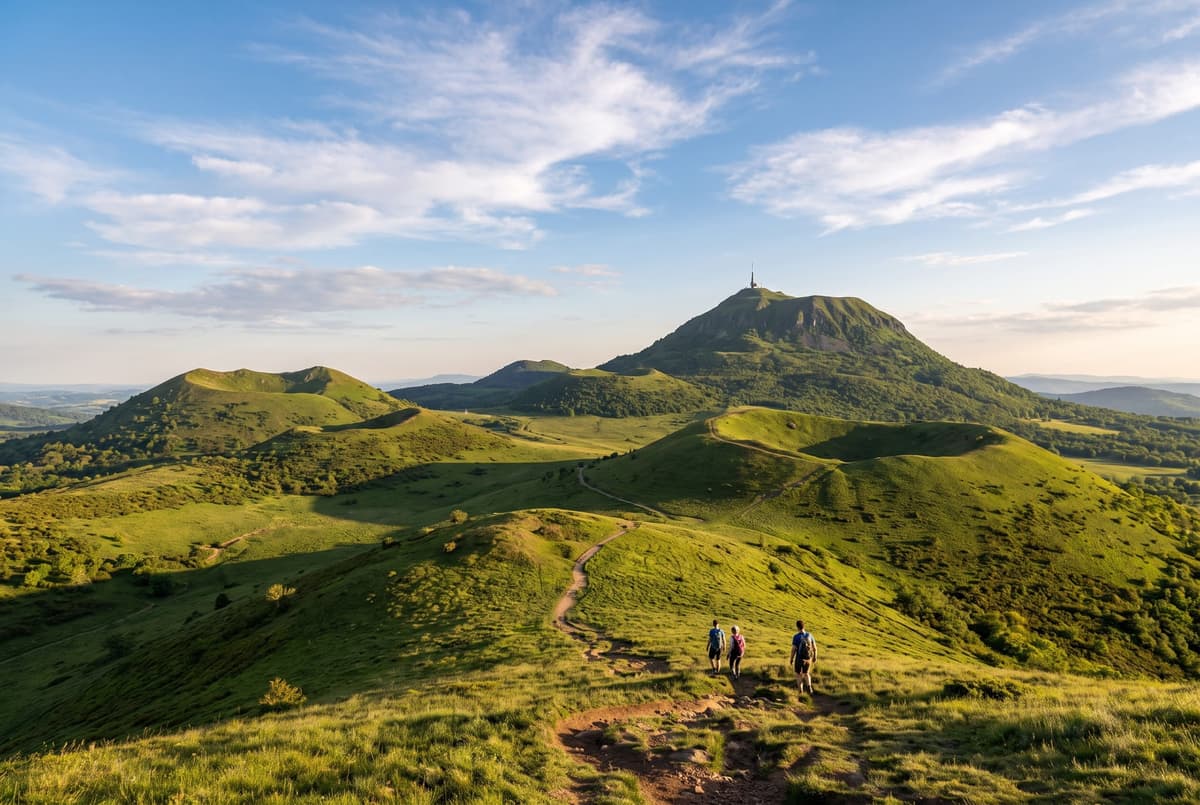 Randonneurs sur un sentier de la chaîne des Puys, le puy de Dôme au loin