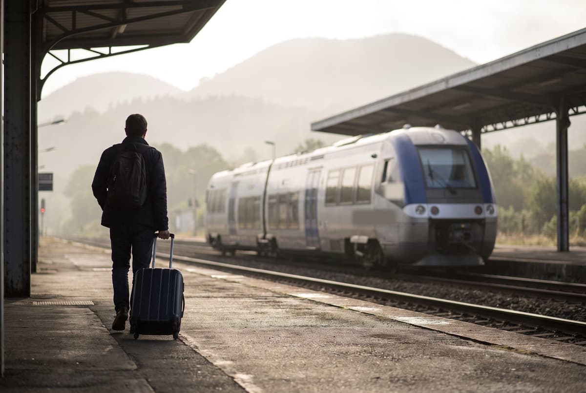 Voyageur tirant sa valise sur un quai de gare, un train régional à l'arrière-plan
