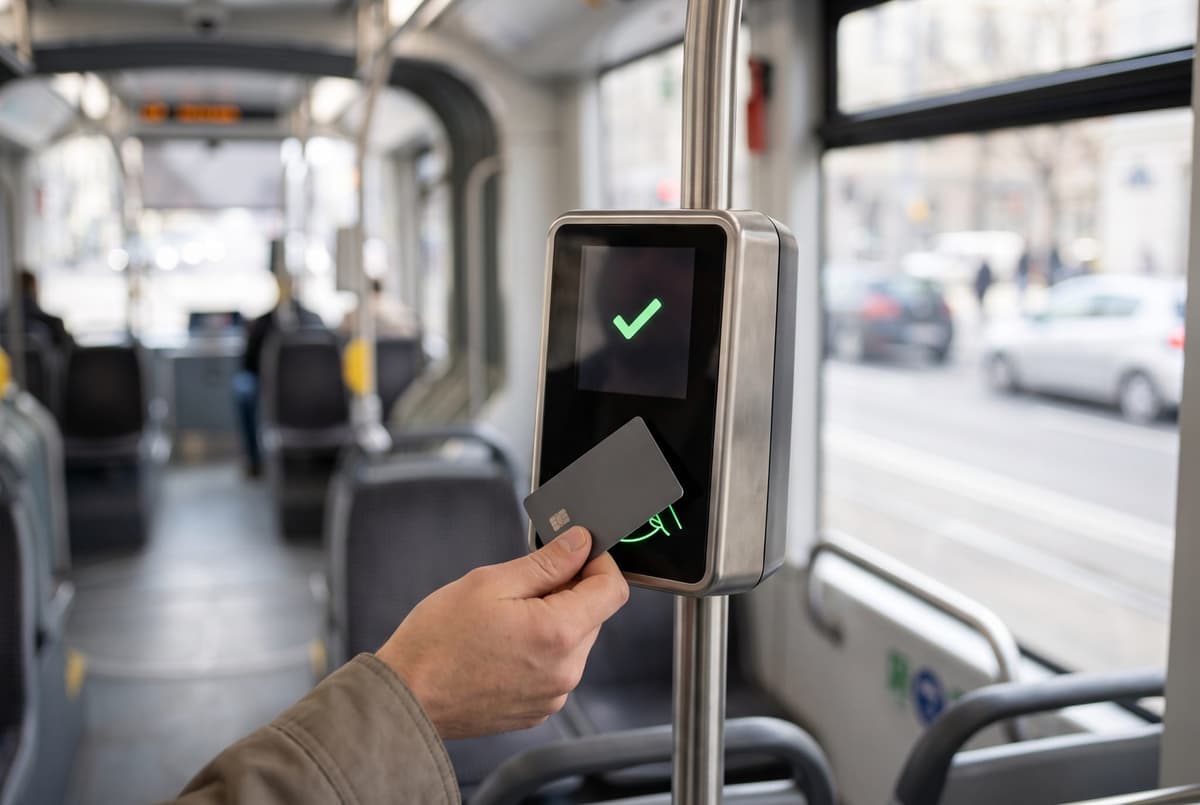 Paiement par carte bancaire sans contact sur un valideur, à bord d'un tram