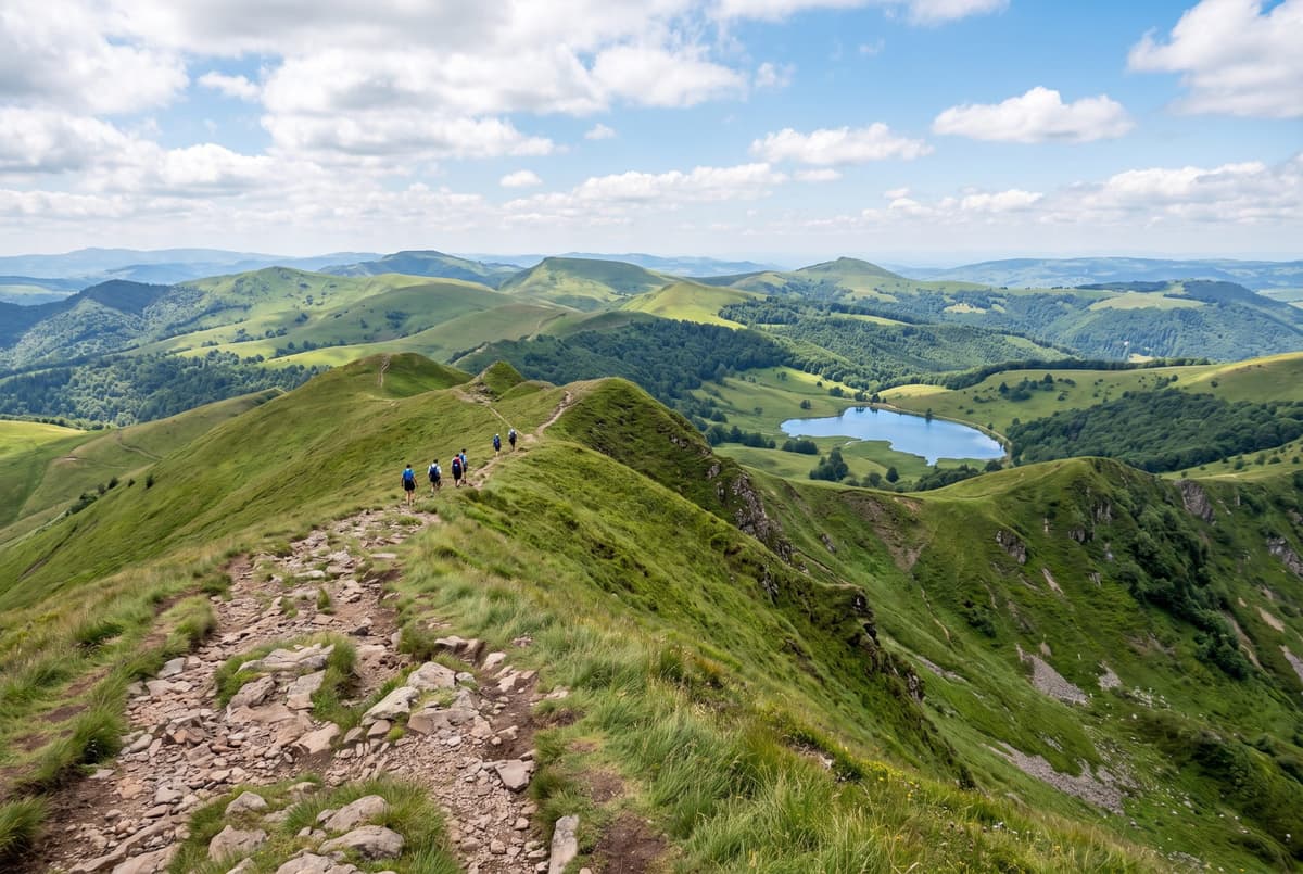 Randonneurs sur une crête herbeuse du massif du Sancy en été, un lac dans la vallée