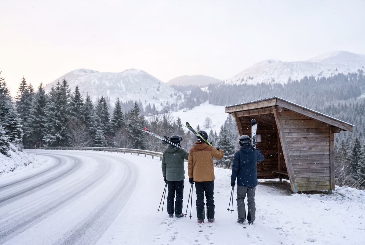 Skieurs, skis sur l'épaule, attendant près d'un abri au bord d'une route enneigée