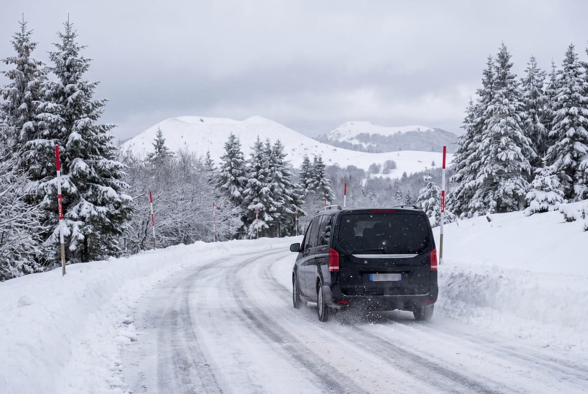 Van noir sur une route de montagne enneigée bordée de sapins, sous une chute de neige